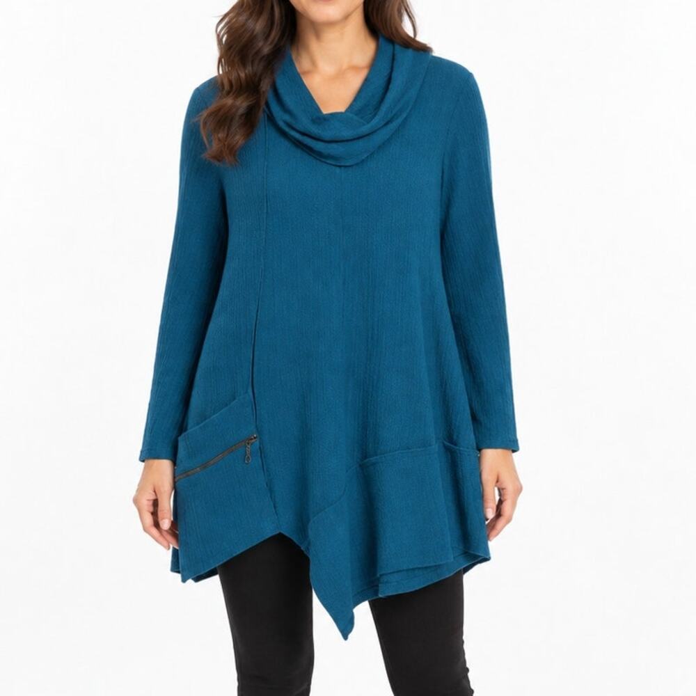 Ali Miles Textured Cowl Neck Tunic Top Asymmetrical Hem Zip Pocket Teal M